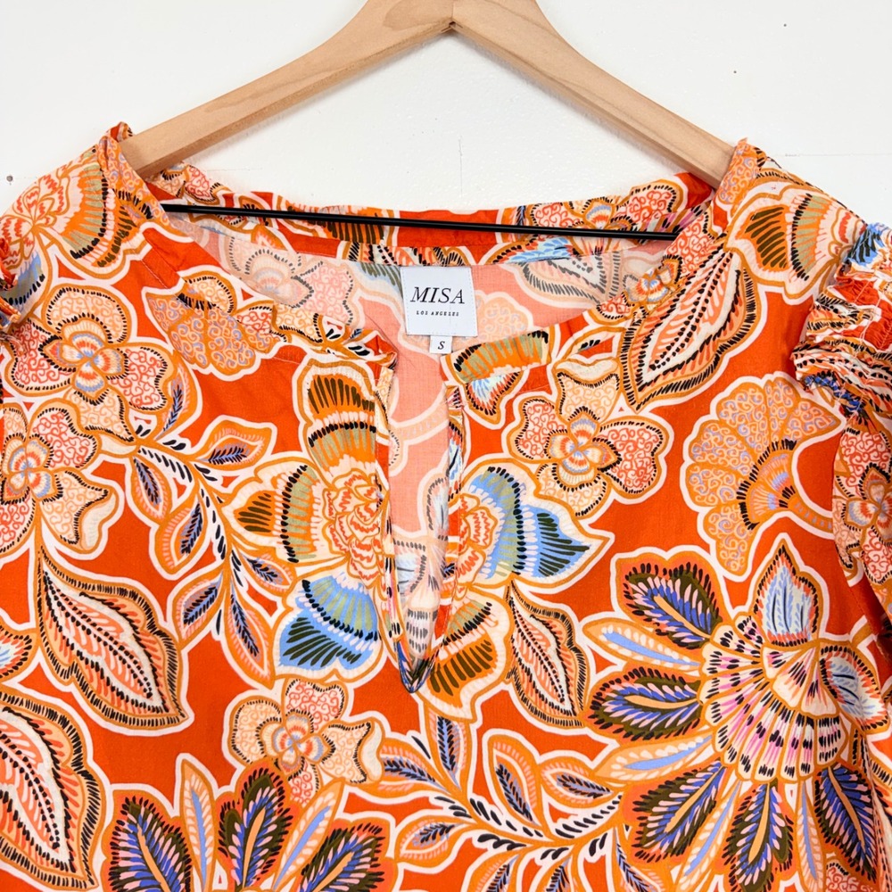 Misa Los Angeles Floral Blouse Womens S Orange Cotton Flutter Sleeve Suparna Top - Picture 3 of 14